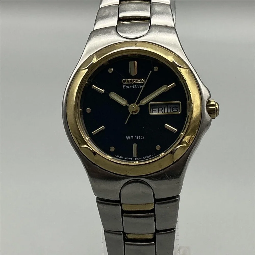 Citizen Eco-Drive WR 100 Womens Watch 25mm Black Dial Silver Gold Two Tone 6.75